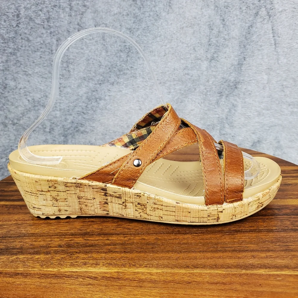 Crocs A-Leigh Sandals Women's 9 Brown Leather Strappy Open Toe Slip On Wedge